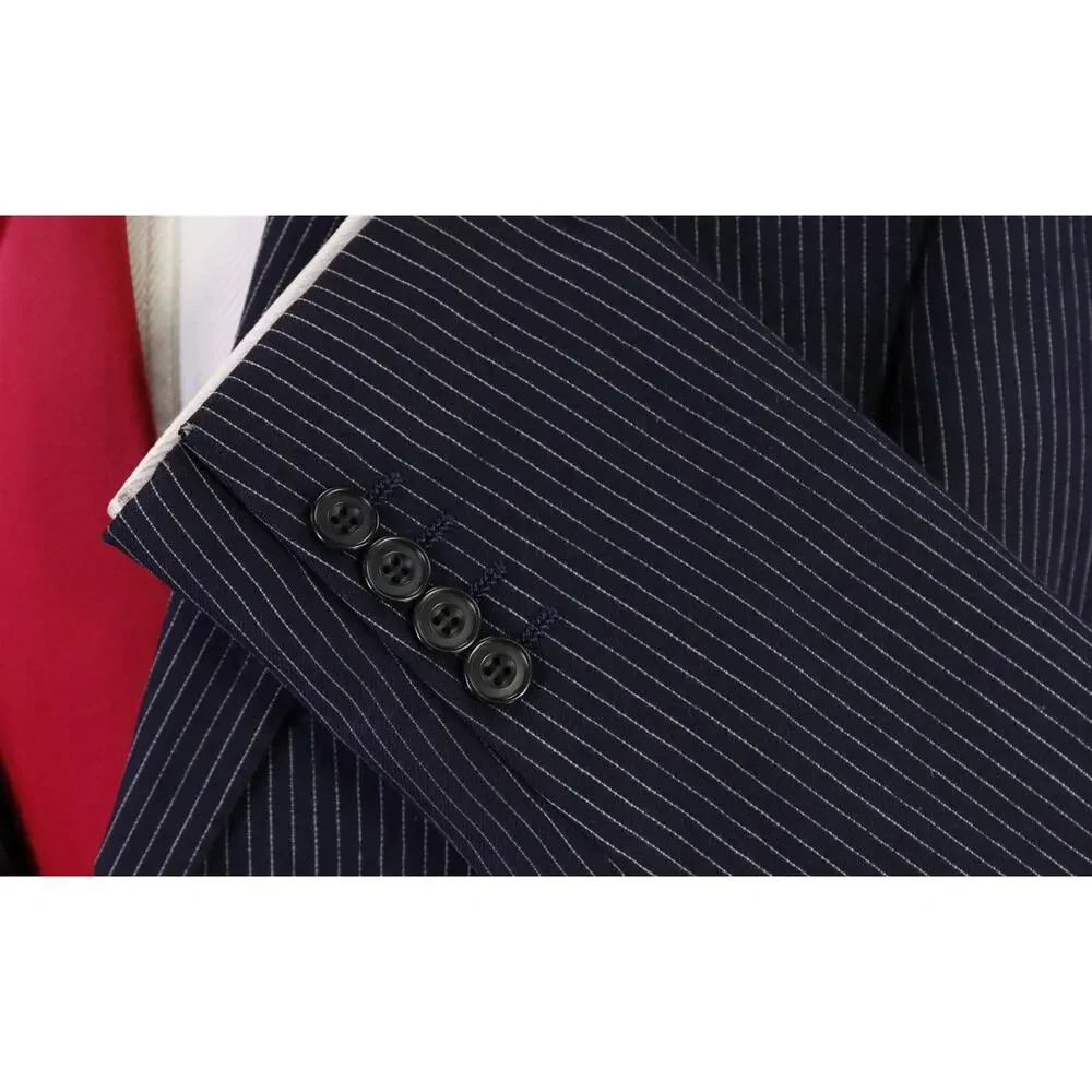 Richard James Savile Row Navy Blue Thin Striped British Wool 3/2 Lapel Suit 38R